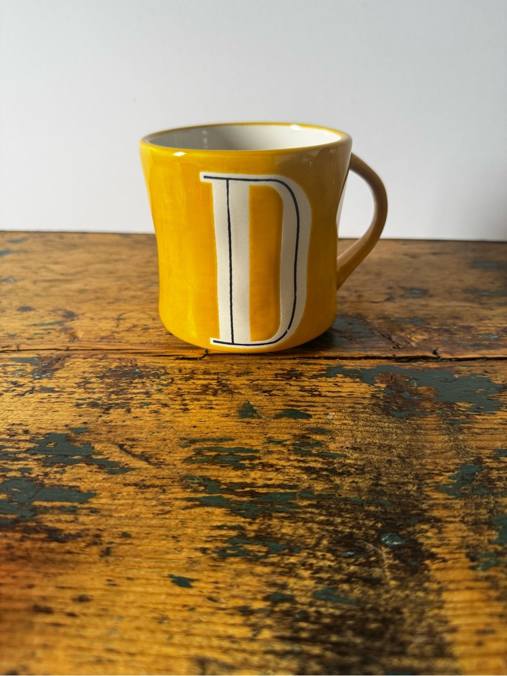 Anthropologie Yellow Ceramic Mug with White 'D' Monogram